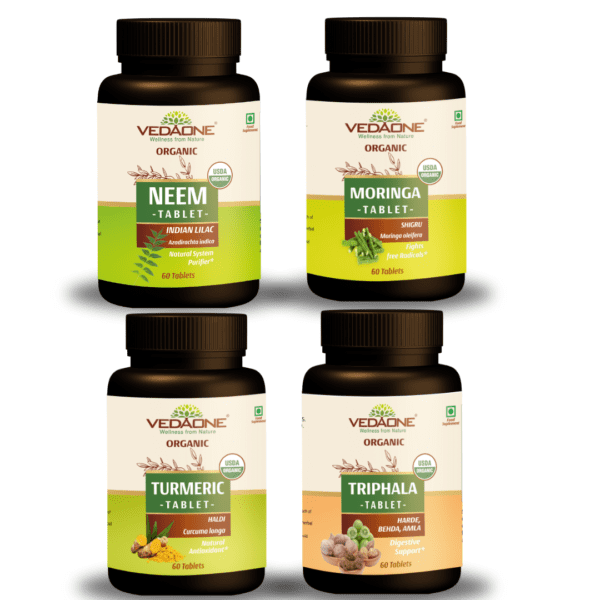 Vedaone Organic Neem Tablets + Moringa Tablets +Turmeric Tablets + Triphala - Skin & Digestive Health Combo